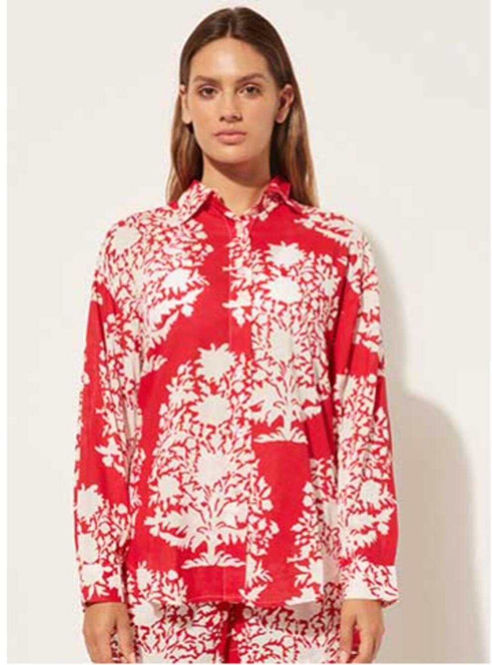 Calzedonia Red and White Abstract Floral Blouse Button-down Shirt Women's sz. M